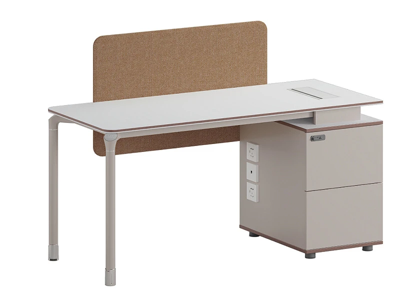 Mesa de escrit&oacute;rio moderna com tela de privacidade e arm&aacute;rio de armazenamento