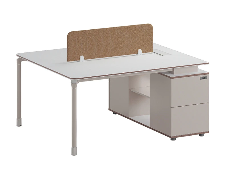 Mesa de escrit&oacute;rio moderna com tela de privacidade e arm&aacute;rio de armazenamento