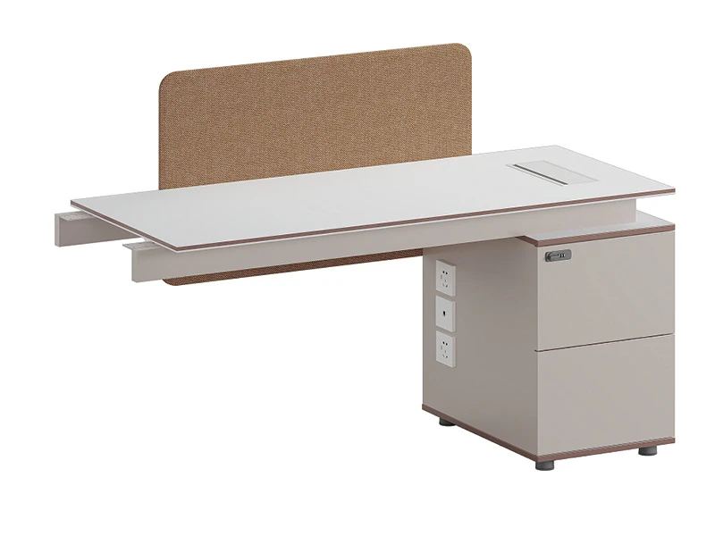 Mesa de escrit&oacute;rio moderna com tela de privacidade e arm&aacute;rio de armazenamento