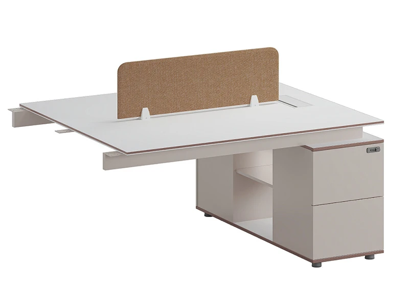 Mesa de escrit&oacute;rio moderna com tela de privacidade e arm&aacute;rio de armazenamento