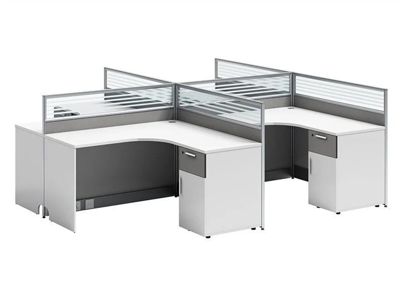 Cub&iacute;culo modular em forma de L com pedestal de armazenamento integrado e suporte de armazenamento. Parti&ccedil;&otilde;es