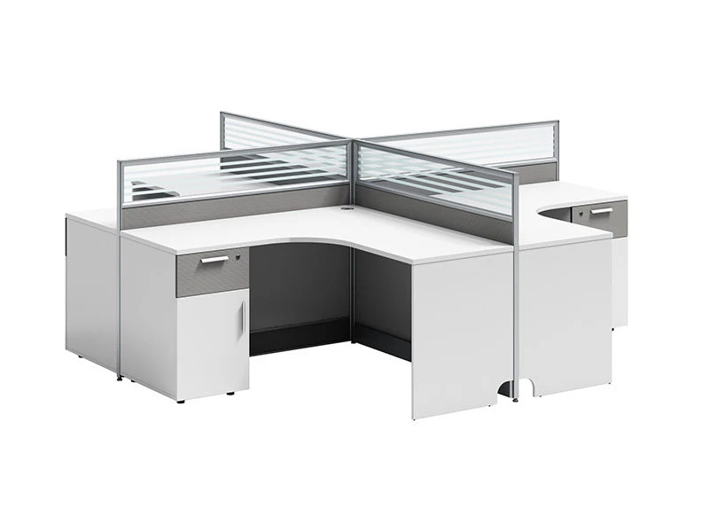 Cub&iacute;culo modular em forma de L com pedestal de armazenamento integrado e suporte de armazenamento. Parti&ccedil;&otilde;es