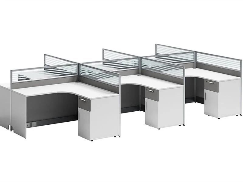Cub&iacute;culo modular em forma de L com pedestal de armazenamento integrado e suporte de armazenamento. Parti&ccedil;&otilde;es