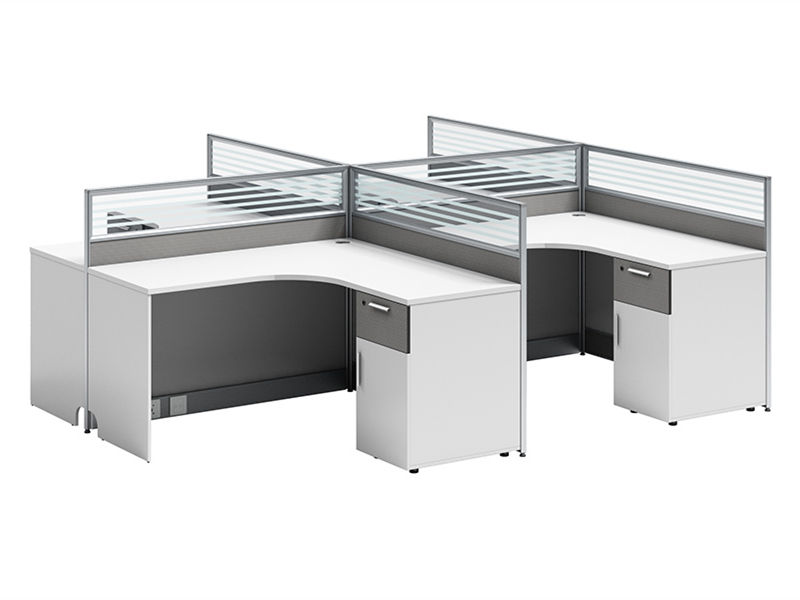 Cub&iacute;culo modular em forma de L com pedestal de armazenamento integrado e suporte de armazenamento. P