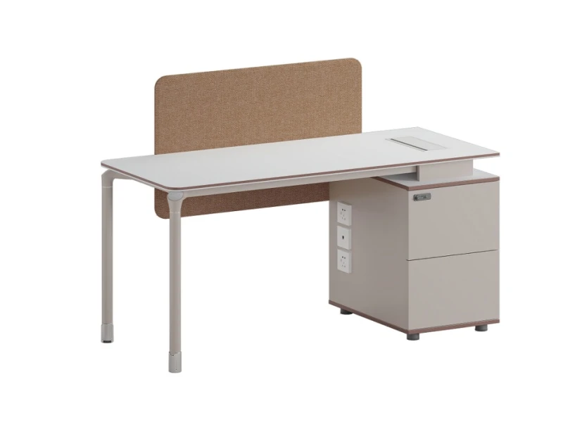 Mesa de escrit&oacute;rio moderna com tela de privacidade e arm&aacute;rio de armazenamento