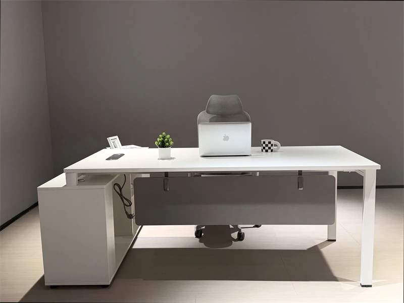 Mesa executiva moderna branca em forma de L com armazenamento