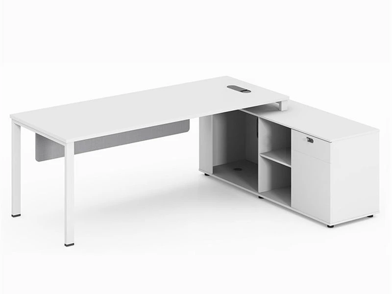 Mesa executiva moderna branca em forma de L com armazenamento