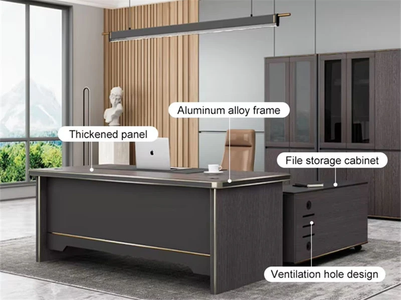 Mesa de escrit&oacute;rio executiva de madeira com arquivo lateral m&oacute;vel