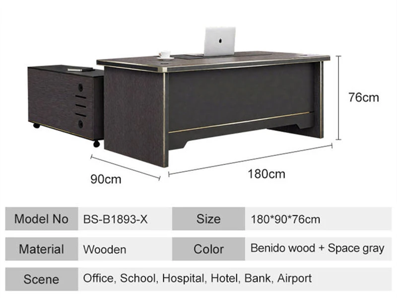 Mesa de escrit&oacute;rio executiva de madeira com arquivo lateral m&oacute;vel