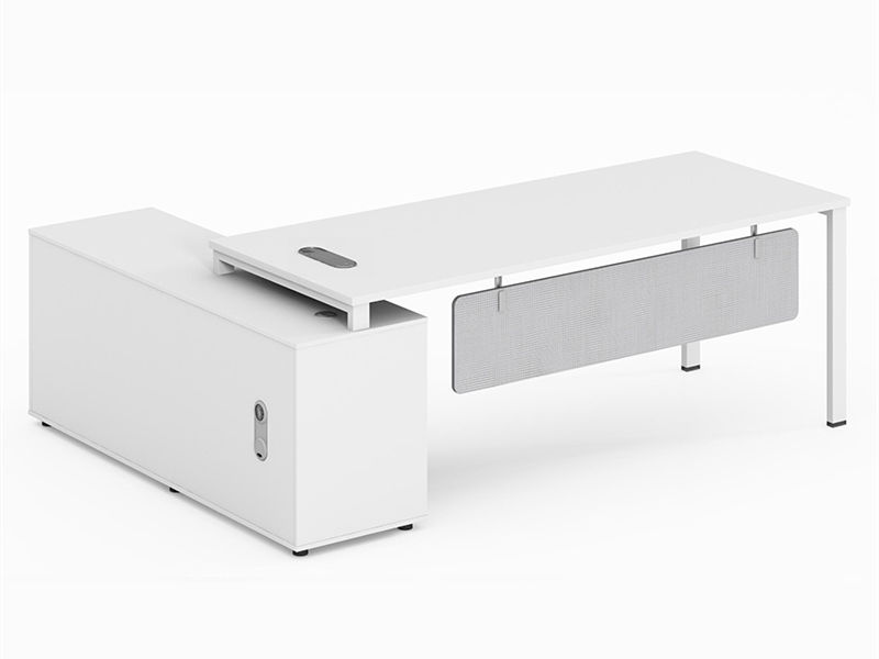 Mesa executiva moderna branca em forma de L com armazenamento
