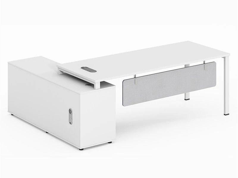 Mesa executiva moderna branca em forma de L com armazenamento