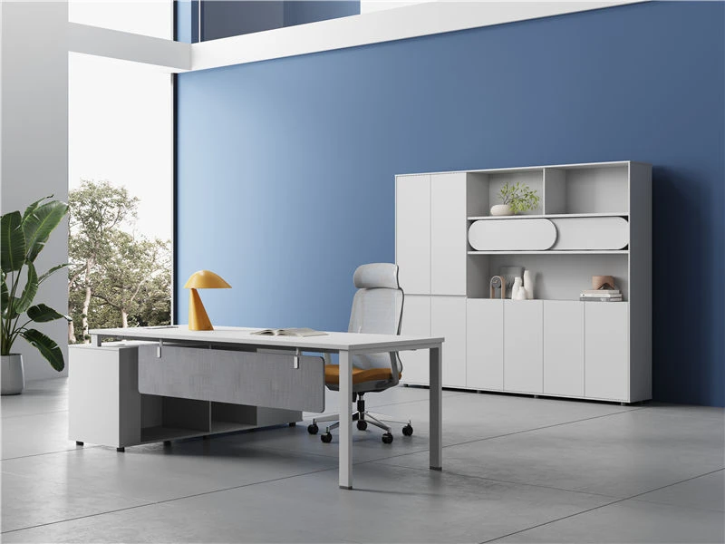 Mesa executiva moderna branca em forma de L com armazenamento