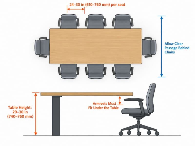 Guia de espaçamento e folga das cadeiras da mesa de conferência Como escolher cadeiras para uma sala de conferências?